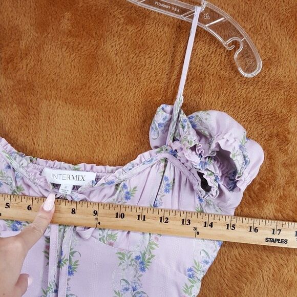 INTERMIX Mini Dress Womens Size 2 Purple Floral Off the Shoulder Smocked Girly - Picture 12 of 15